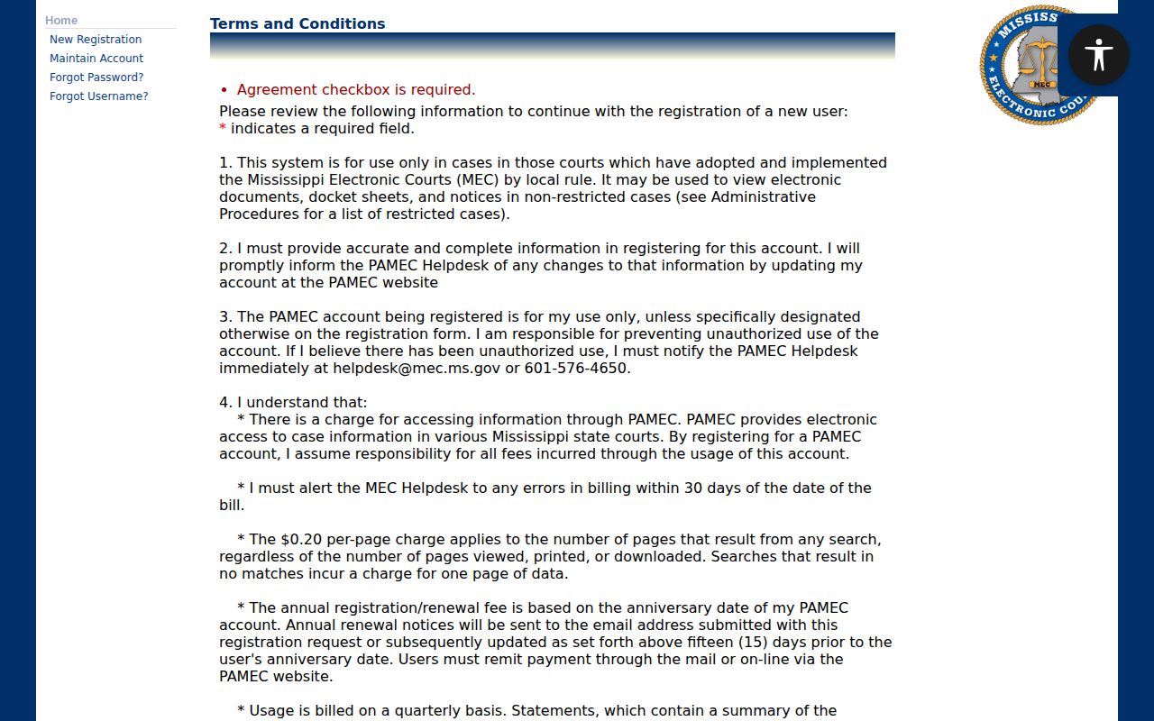 George County case search PAMEC public-user terms for docket and document access