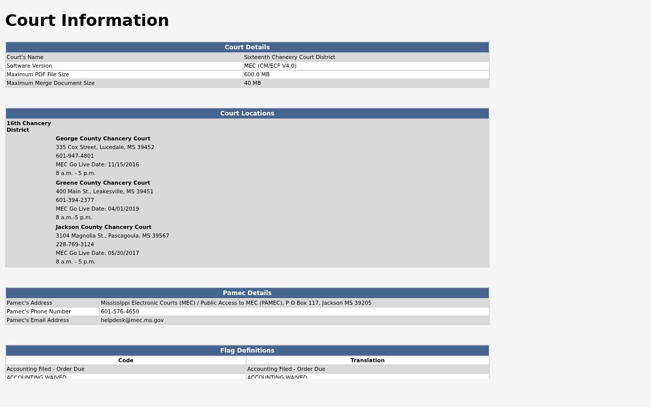 George County civil docket Chancery MEC code and flag information