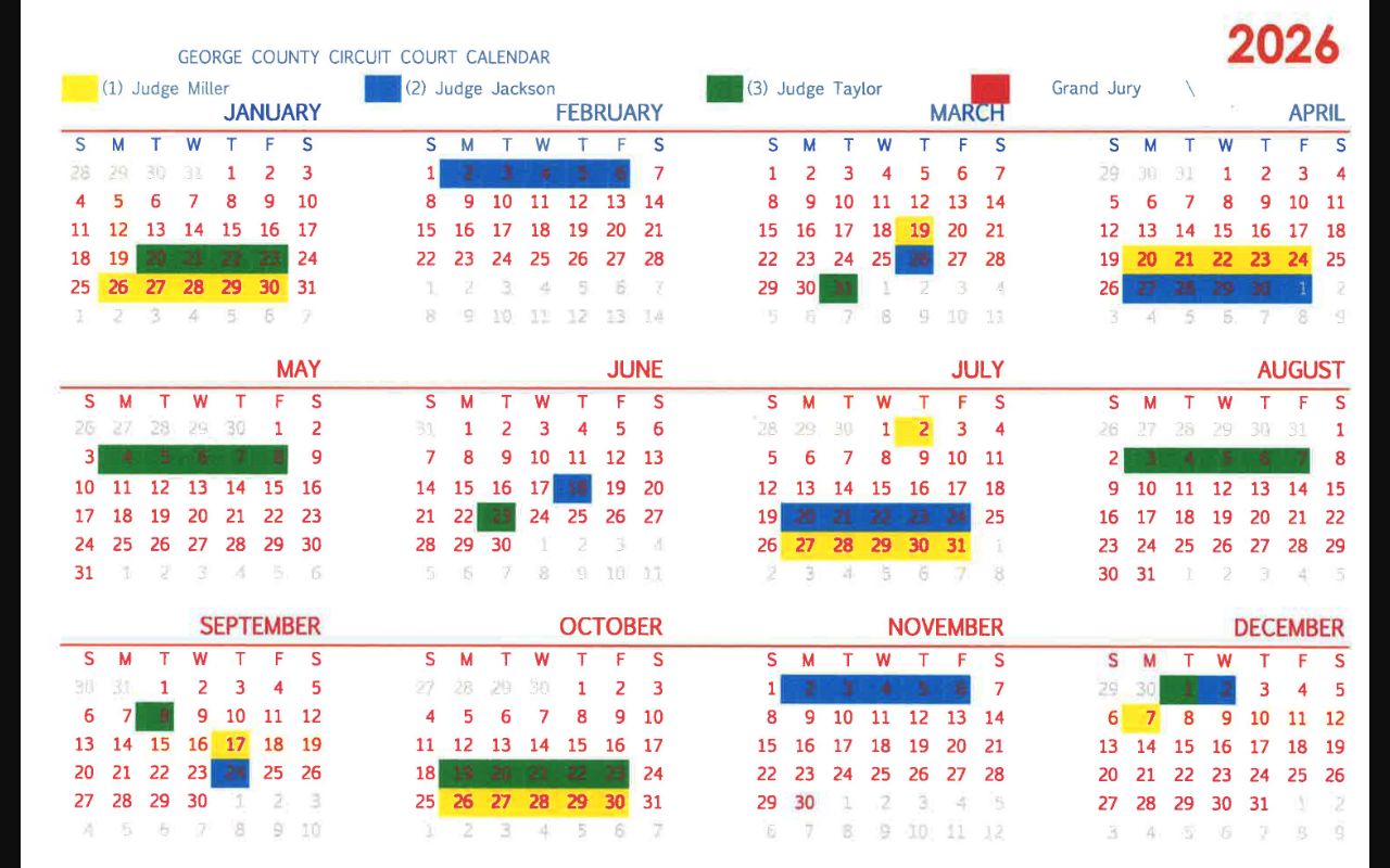 George County court calendar showing 2026 Circuit Court color-coded term blocks
