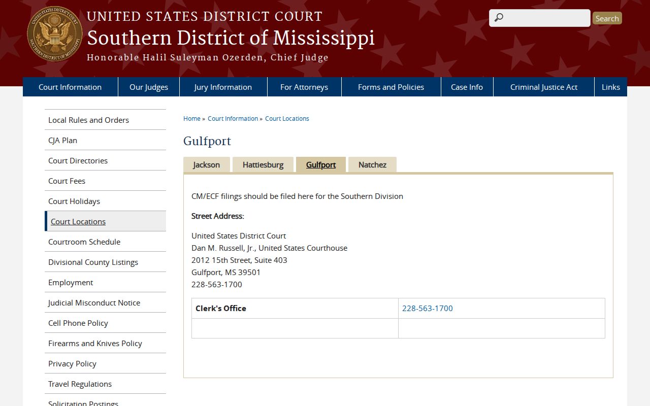 George County court records federal Southern Division Gulfport address and phone information